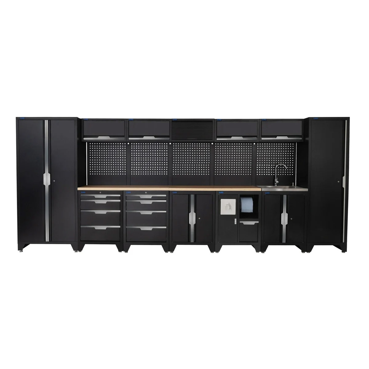 SGS 17pc Garage Storage System | 8 Drawers | Pressed Wood Worktop | Tall Single & Double Cabinets | Bin Unit | Floor Cabinet | Sink Unit | 5x Upper Cabinets